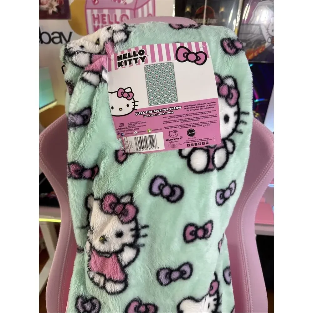Hello Kitty Throw Blanket Ultra Fine Faux Green Fur Bowtastic Pink 2024 Sanrio